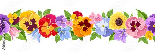 Vector horizontal seamless background with colorful pansy, bluebell and lilac flowers and green leaves.