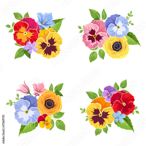 Vector set of colorful pansy and bluebell flowers and green leaves.