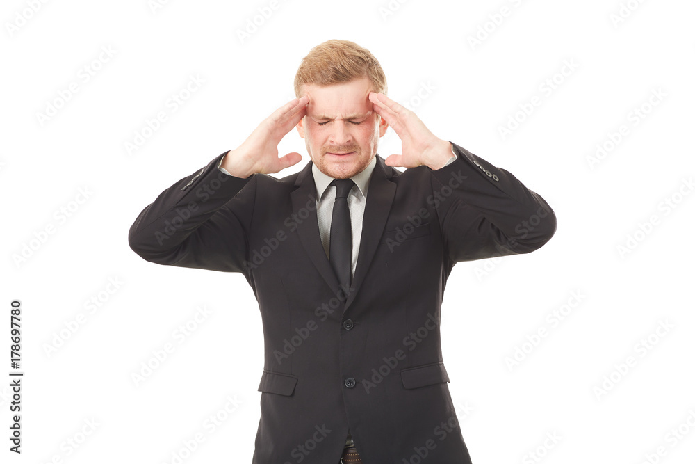Portrait of stressed businessman in black suit on white background Portrait of stressed businessman in black suit on white background
