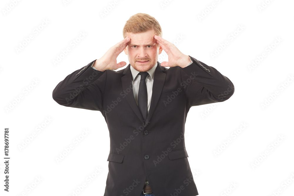 Portrait of stressed businessman in black suit on white background Portrait of stressed businessman in black suit on white background