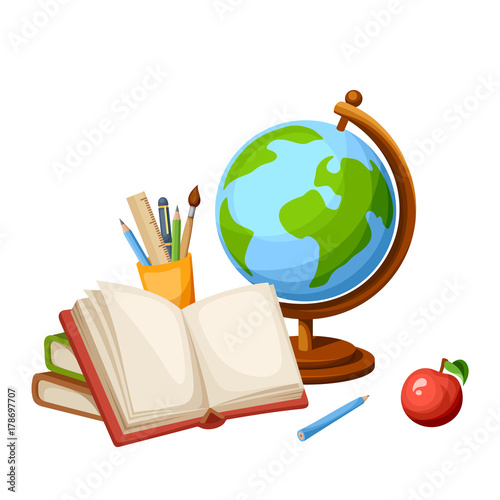 Vector illustration of a globe, books and stationery.