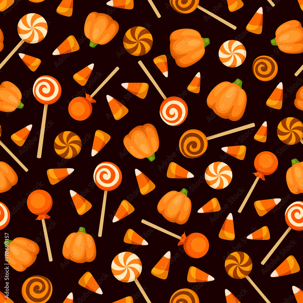 Naklejka premium Vector seamless pattern with orange Halloween candies on a black background.