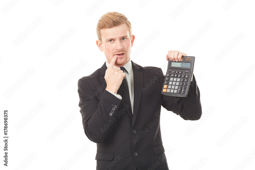 Portrait of businessman in black suit holding calculator Portrait of businessman in black suit holding calculator