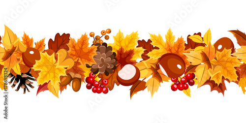 Vector horizontal seamless garland with orange, yellow and brown autumn leaves on a white background.