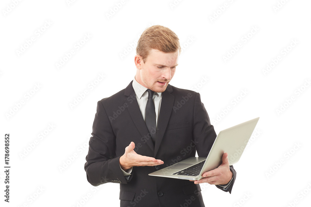 Portrait of manager holding open laptop on white background Portrait of manager holding open laptop on white background