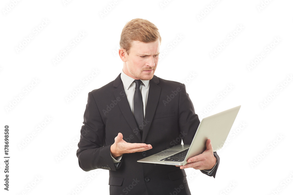 Portrait of manager holding open laptop on white background Portrait of manager holding open laptop on white background