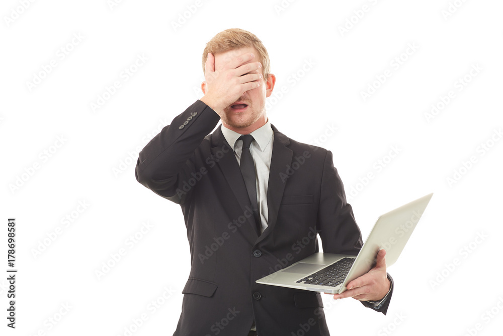 Portrait of manager holding open laptop on white background Portrait of manager holding open laptop on white background