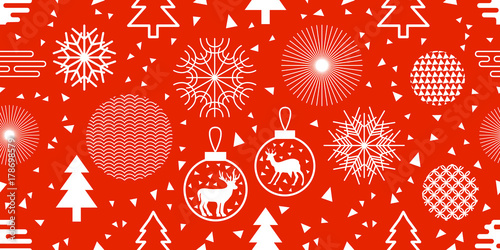 Trendy New Year background. Seamless vector pattern with fir trees, Christmas balls, snowflakes and abstract geometric elements.