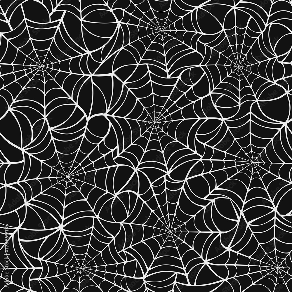 Vector seamless pattern with white spider web on a black background.