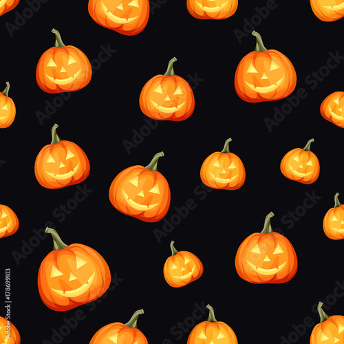 Vector seamless pattern with Jack-O-Lanterns (Halloween pumpkins) on a black background.