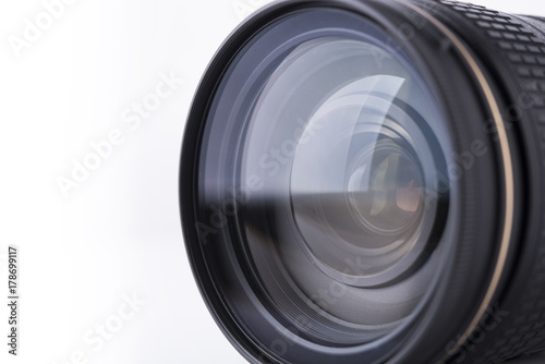 closeup camera shutter lens isolated on white background.