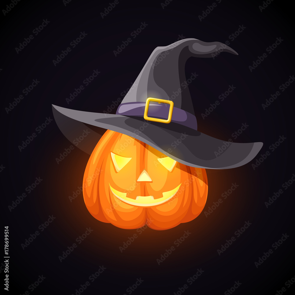 Vector lighted Jack-O-Lantern (Halloween pumpkin) in witches hat on a black  background. Stock Vector | Adobe Stock