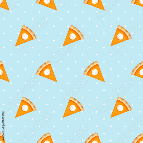 Vector seamless pattern with pumpkin pie slices on a blue background.