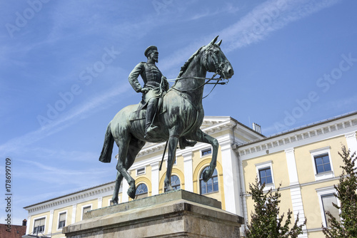 Germany, Sigmaringen, upper Danube: Equestrian statue of Leopold, Prince of Hohenzollern (Fürst von Hohenzollern) in the city center of the ancient town