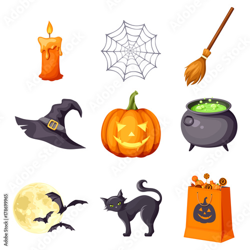 Vector set of Halloween symbols isolated on a white background.