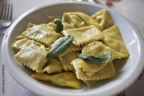 Ravioli pasta with butter and sage