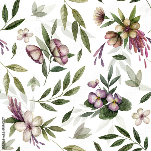 Seamless pattern with flowers on white background. Watercolor flowers. 