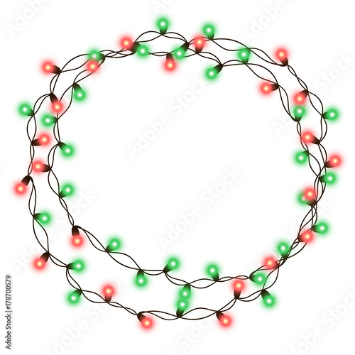 String purple garland isolated on white background. Vector illustration of Christmas, New Year party decoration with transparency. Glowing light for card design. Lights border.