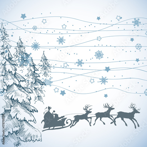 Christmas scene. Santa's sleigh in the pine forest