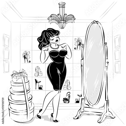 Black and white pin-up sexy woman in fashion shop try the dress and shoes in front of the mirror, drawn vector illustration clip art