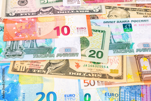 Money background from banknotes euro, american dollars and russian rubles