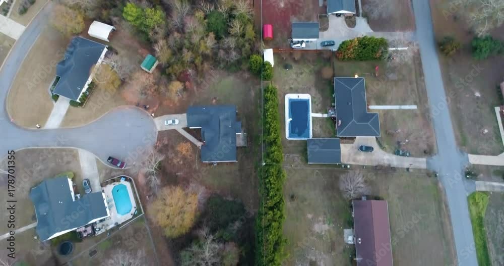 Aerial Drone Footage over a neighborhood in a rural area