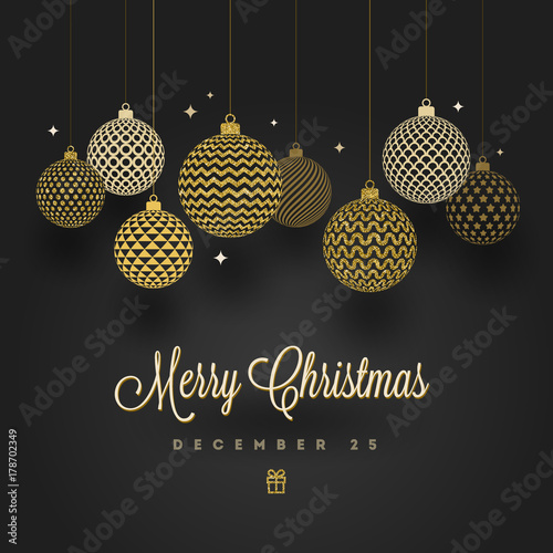 Christmas greeting card - patterned golden baubles on a black background. Vector illustration.