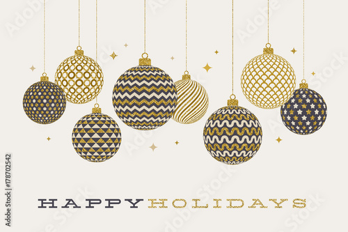 Christmas greeting card - patterned golden baubles on a white  background. Vector illustration.