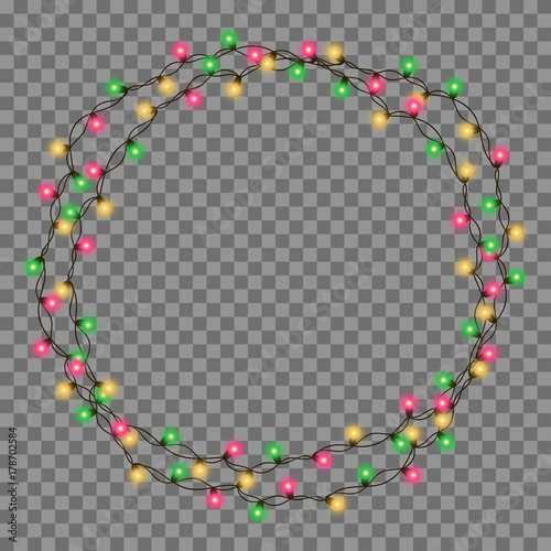 Christmas tree string garland in circle shape and text space isolated on dark background. Realistic Christmas, New Year party decorations with transparency. Light bulb decor. Lights border