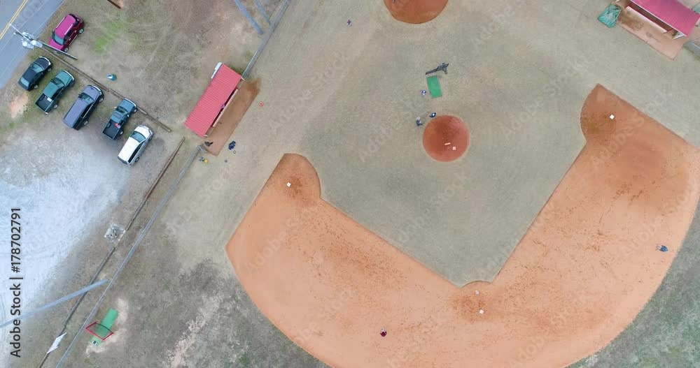 Aerial Drone footage flying over a baseball field