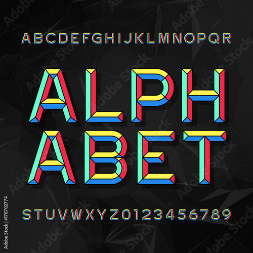 Colorful Chisel Alphabet Vector Font. Type letters and numbers. Dark polygonal background. Chiseled block typeface for your design.