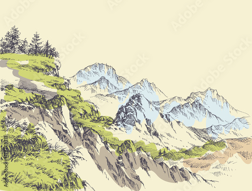 Wilderness drawing. Mountains design