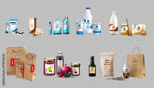 Vector Realistic Food Products Milk and Honey Bottles Set Collet
