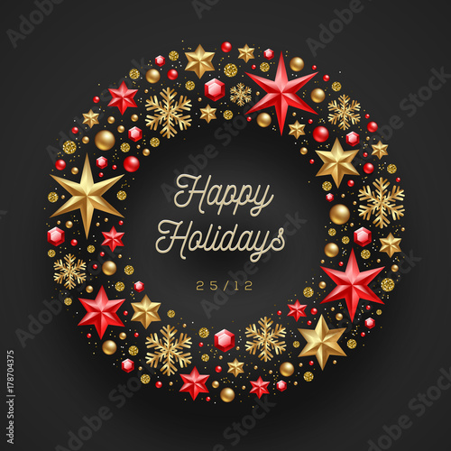 Christmas greeting illustration. Frame in the form of Christmas wreath made from stars, ruby gems golden snowflakes, beads and glitter gold.