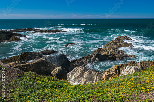 Exploring the Pacific shoreline at Spooner's Cove, Bluff Trail, Montana de Oro State Park, Morro Bay, San Luis Obispo County, California, USA photo