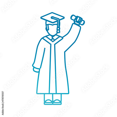 flat line colored man graduating over white background vector illustration