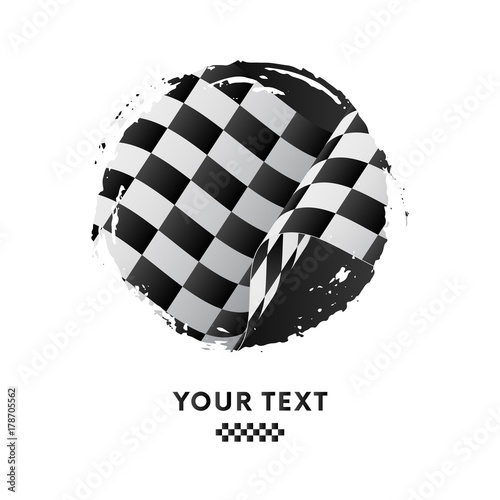 Waving checkered racing flag, brush stroke background. Vector illustration.