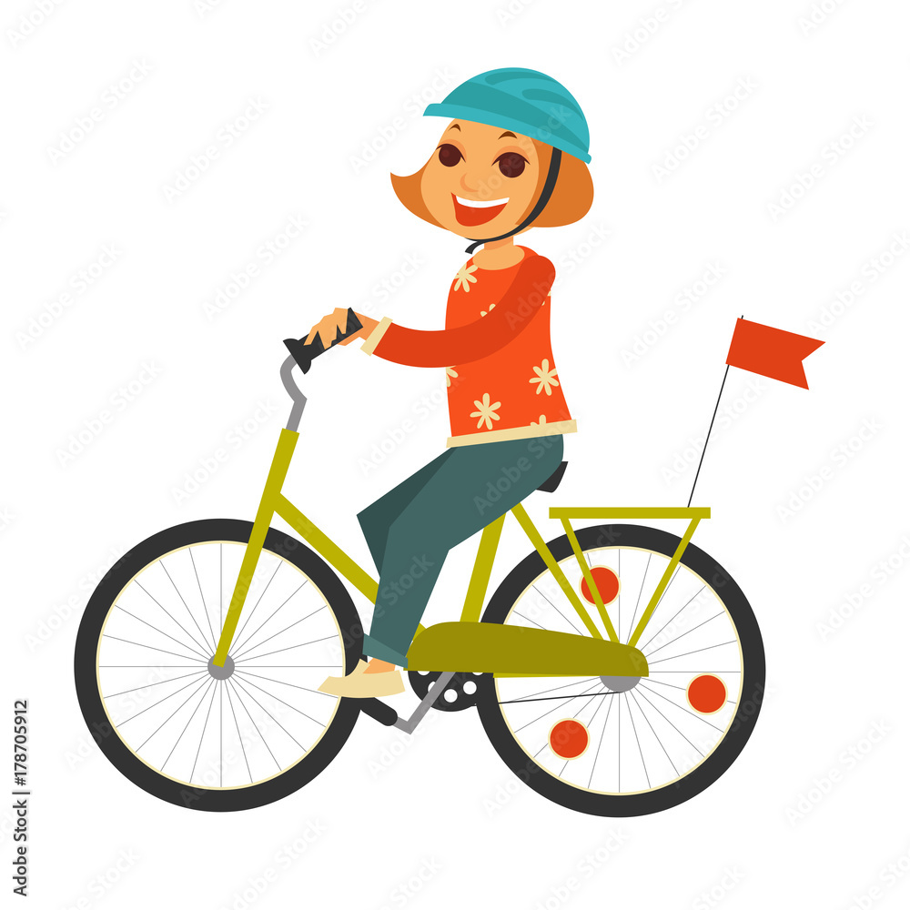Little redhead girl in helmet rides bicycle with flag Little redhead girl in helmet rides bicycle with flag