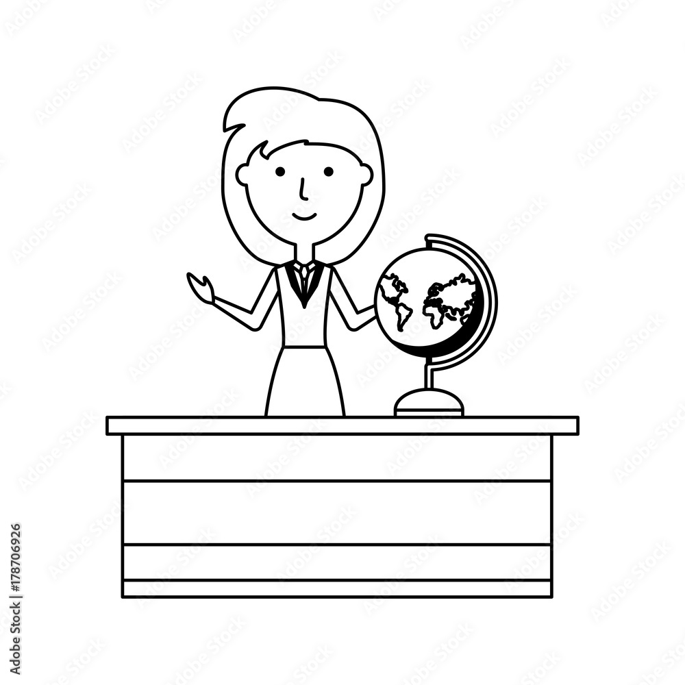 Cartoon teacher woman at desk icon over white background vector illustration