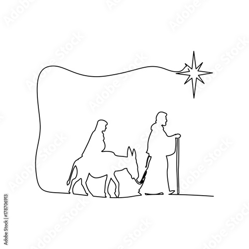 Mary and Joseph journeying through the dessert with a donkey vector illustration black outlines, isolated on white background