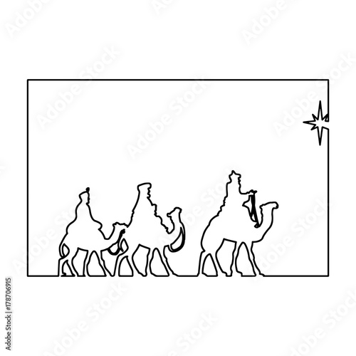 Vector graphic illustration black outline depicting the three wise men on camels following the shining star of Bethlehem