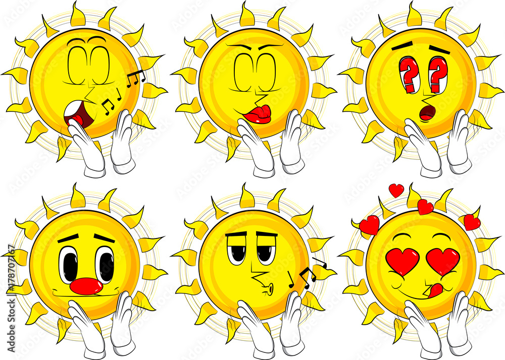 Cartoon sun with clapping hands. Collection with various facial expressions. Vector set. Cartoon sun with clapping hands. Collection with various facial expressions. Vector set.