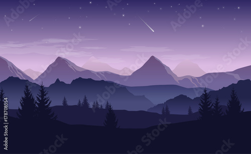 Plakat Błękitny i purpurowy krajobraz z sylwetkami góry, wzgórza, las i gwiazdy w niebie - wektorowa ilustracja