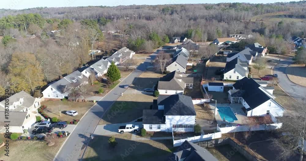 Aerial Drone Footage over a neighborhood in a rural area