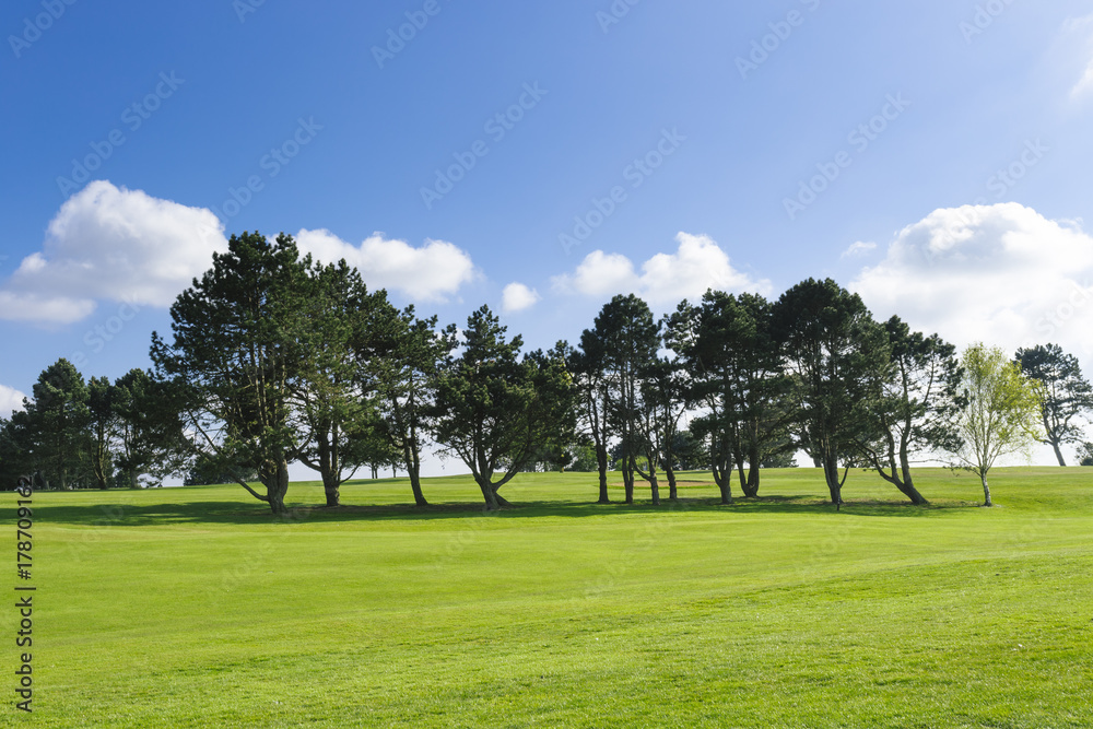 General view of a green golf course on a bright sunny day. Idyllic summer landscape. Sport, relax, recreation and leisure concept General view of a green golf course on a bright sunny day. Idyllic summer landscape. Sport, relax, recreation and leisure concept