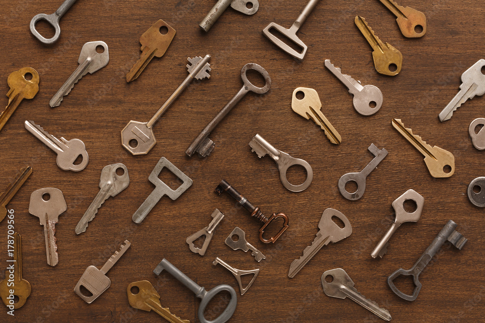Many different keys on wood Many different keys on wood