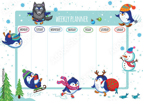 Weekly planner with winter penguins cartoon design. Vector illustration