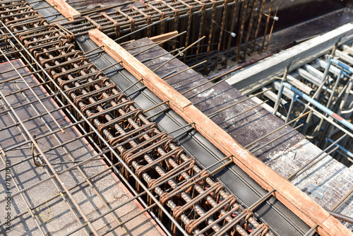 Lintel Construction. Rebar steel bars on new home construction corner reinforcement concrete bars with wire rod