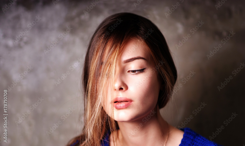Portrait of sad pensive young fashion modern woman gentle model fashion look girl Portrait of sad pensive young fashion modern woman gentle model fashion look girl