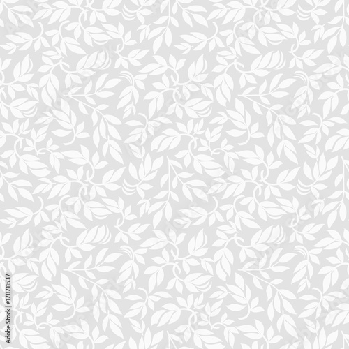 Seamless grey background with white leaves, design for packaging in trendy linear style. Ideal for printing on fabric or paper. Vector illustration.